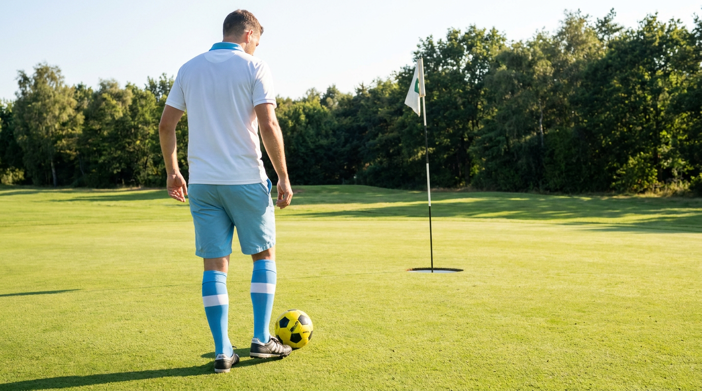 Jugador de footgolf preparando el chut junto al balón en un campo verde con la bandera al fondo